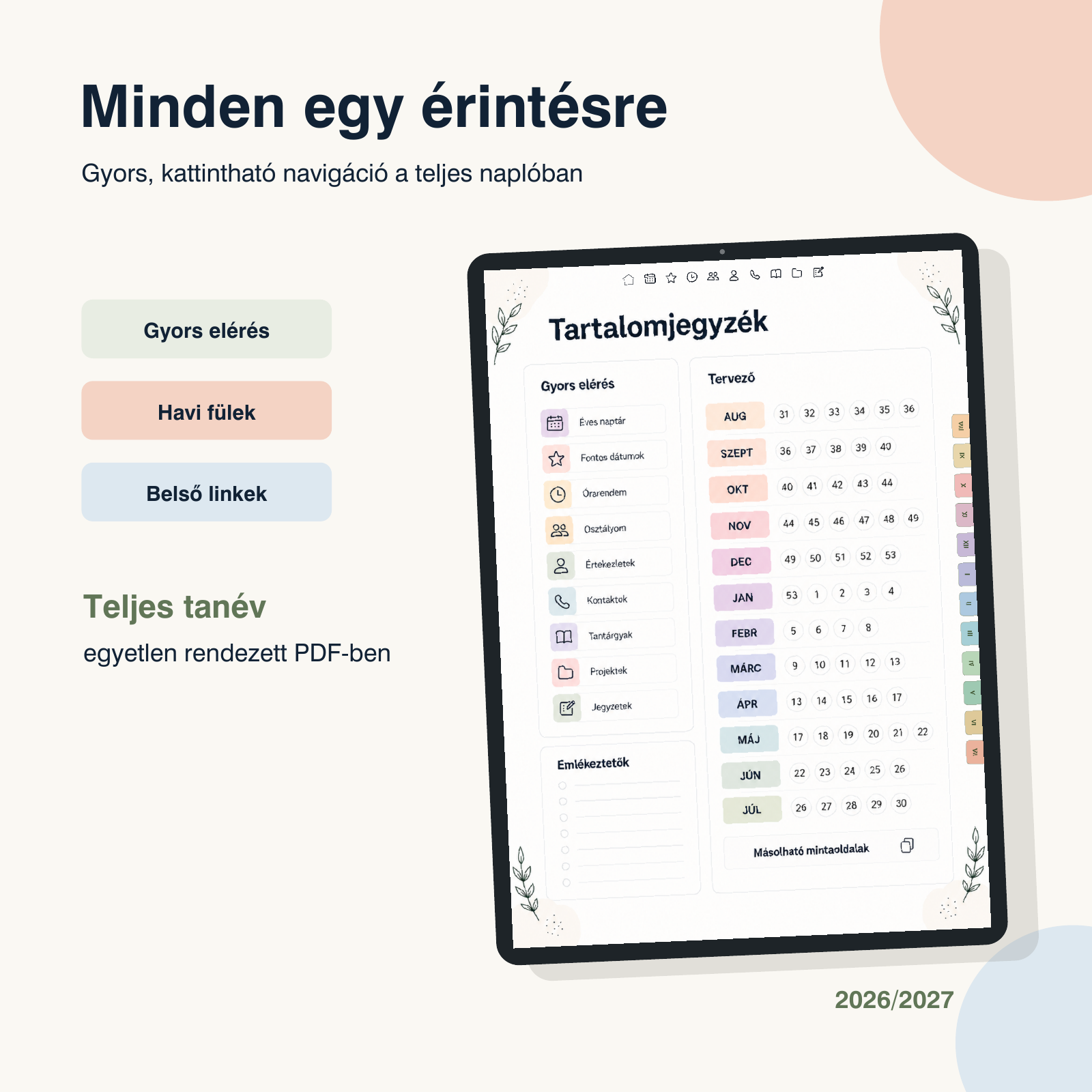 A kattintható tartalomjegyzék és a havi fülek bemutatása