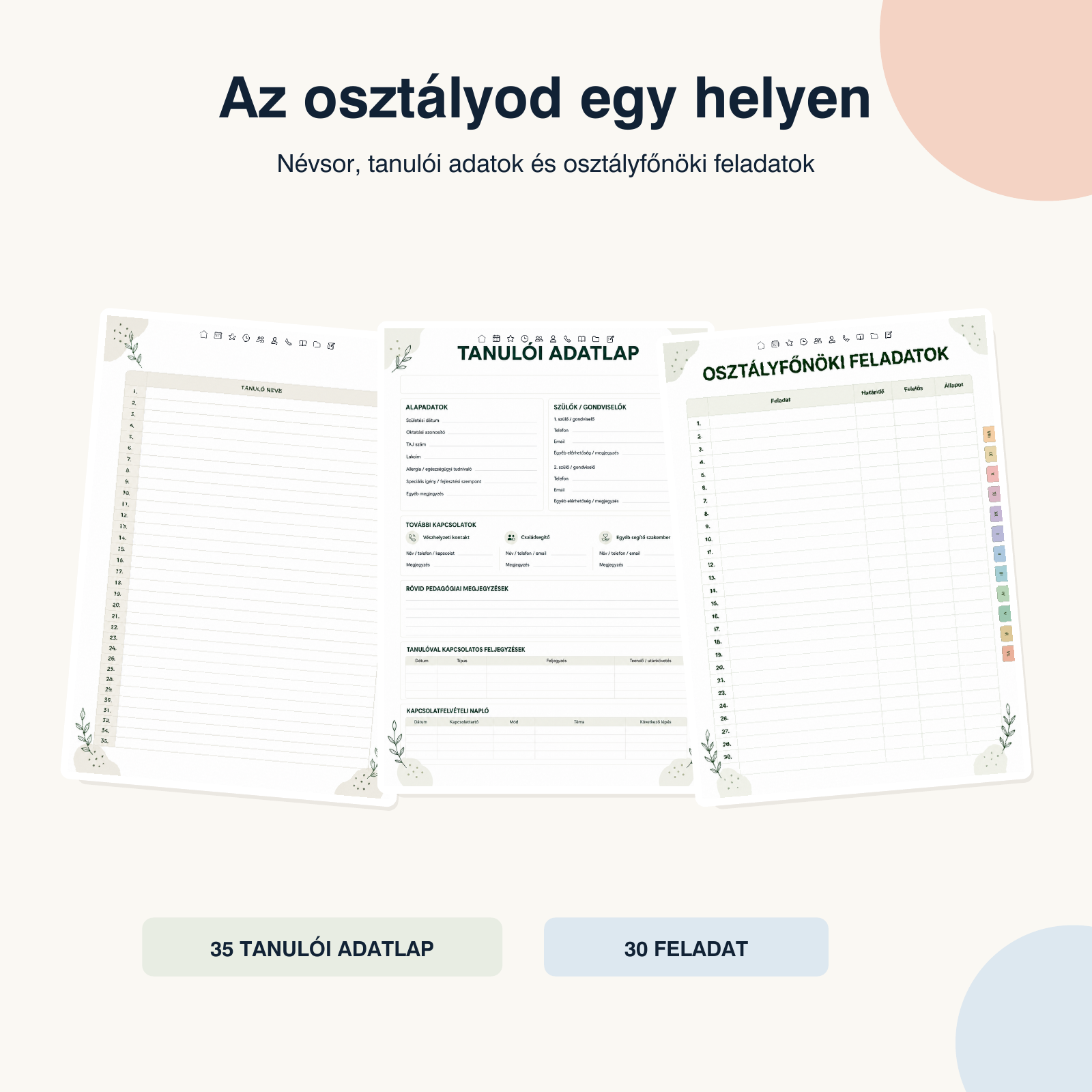 Tanulói névsor és adatlapok a pedagógus határidőnaplóban
